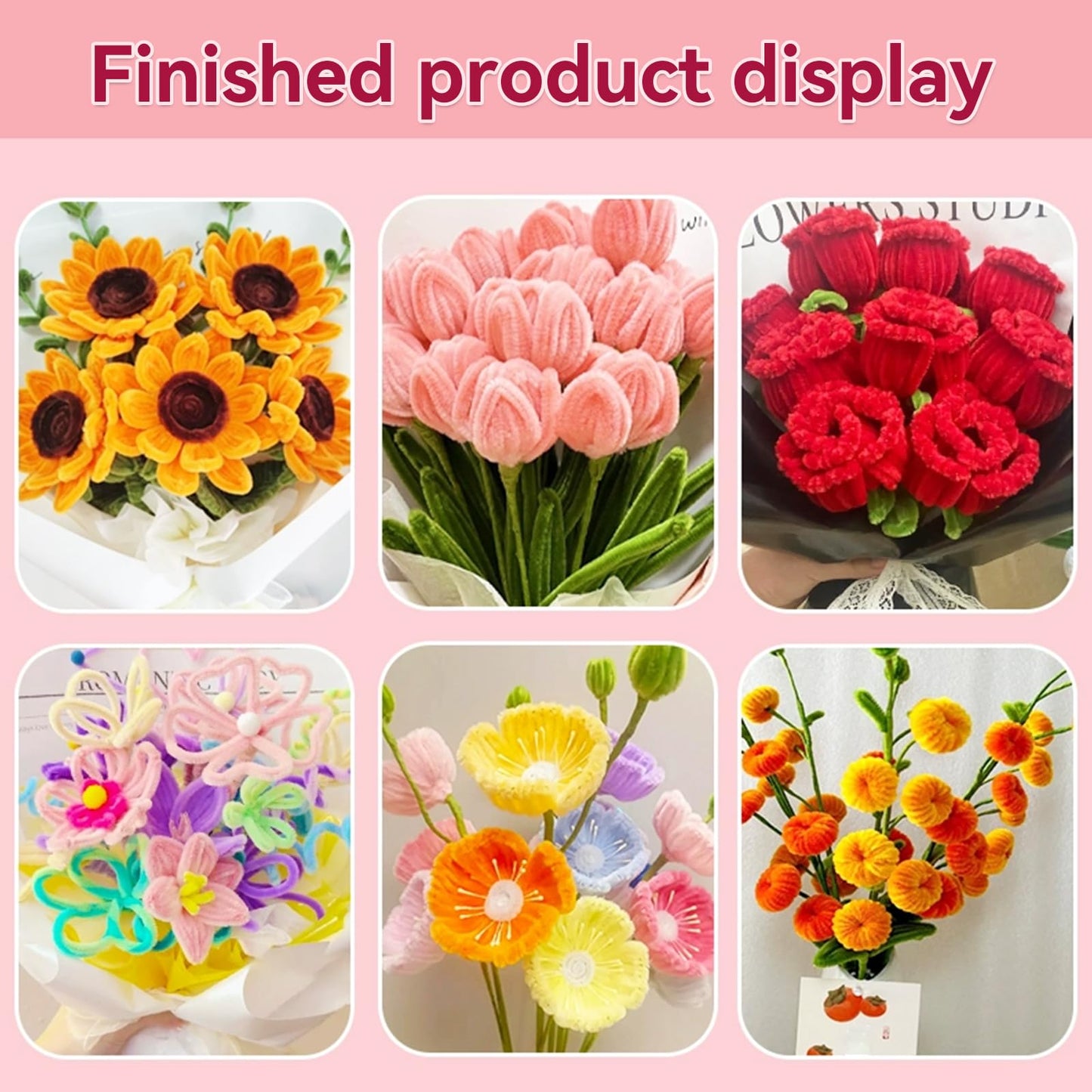 700pcs (Pink and Green) Tulips Pipe Cleaners, DIY Flower Bouquet Kit Chenille Stems,Flower Making Craft Materials(56Flowers),Art and Craft Supplies