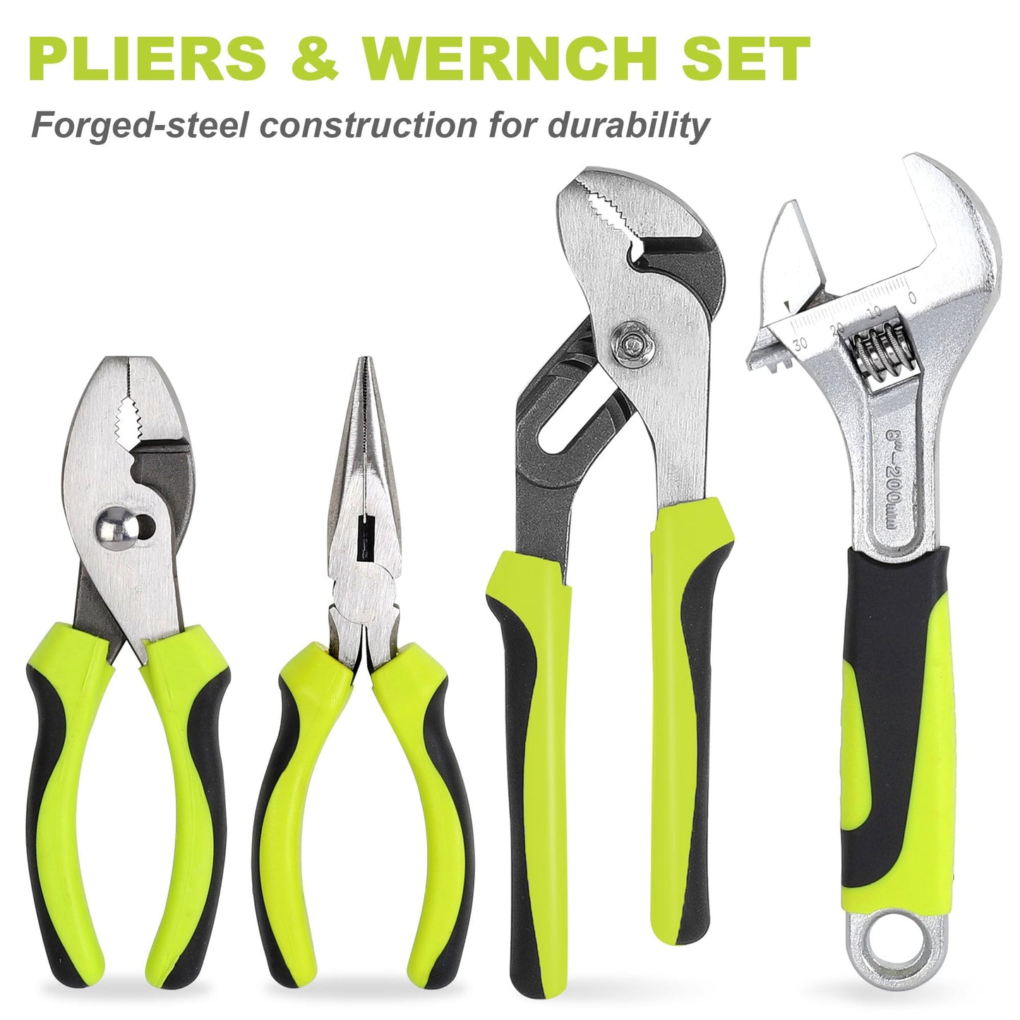 FASTPRO 198-Piece Household Tool Set, Home Repairing Tool Set with Toolbox, SAE Mechanics Hand Tool Kit for DIY, Home Maintenance, Green