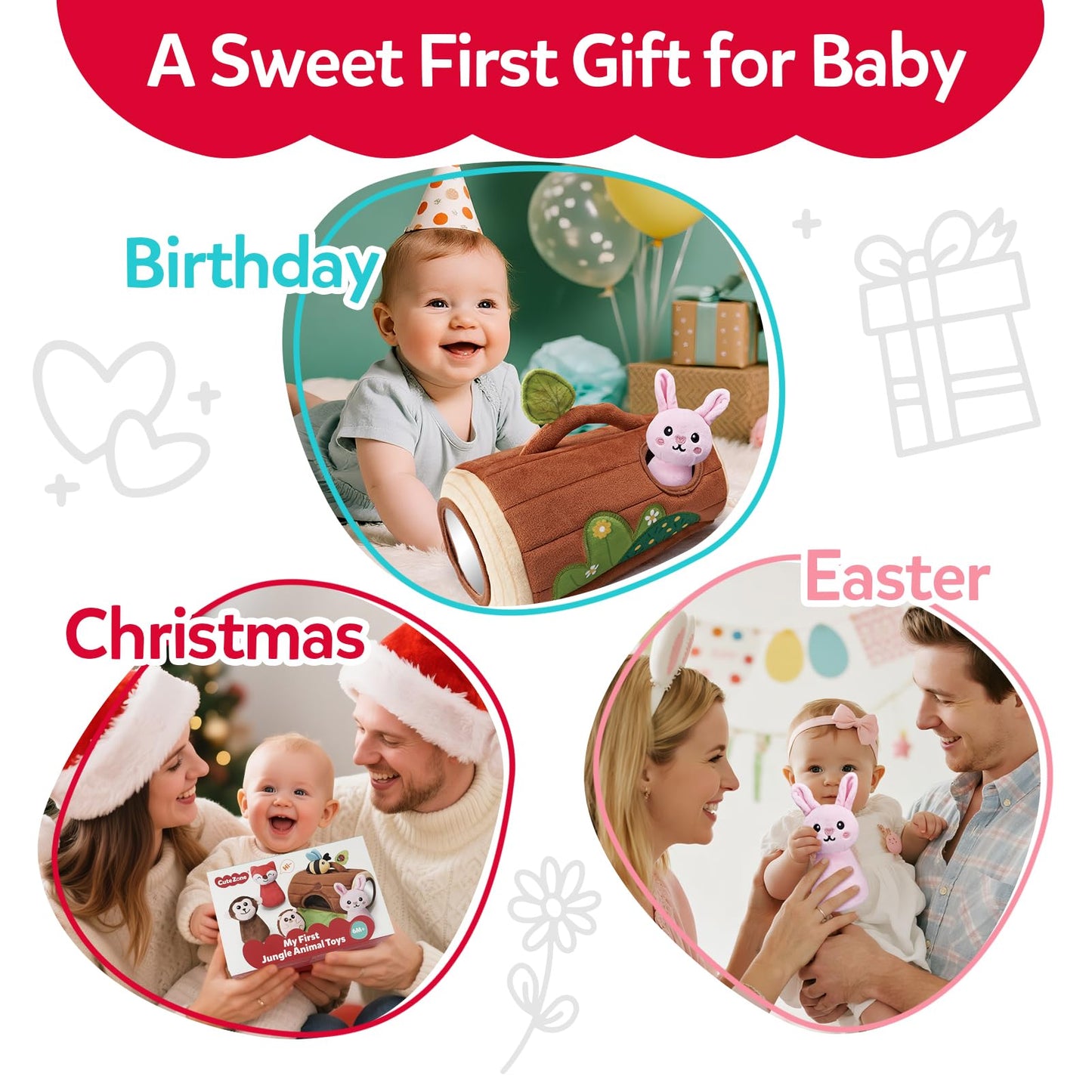 CuteZone Baby Toys 6-12 Months, Stuffed Animals for Babies, Soft Plush Forest Sensory Toy Set with Rattle, Crinkle, Mirror and Tree Stump Storage, Cause and Effect Baby Boy Girl Gifts