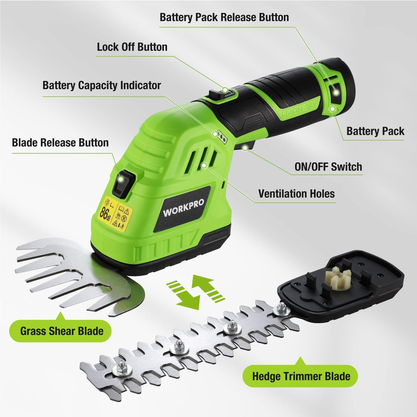 WORKPRO 12V Cordless Grass Shear & Shrubbery Trimmer - 2 in 1 Handheld Hedge Trimmer, Electric Grass Cutter with 2.0Ah Rechargeable Lithium-Ion Battery & 1 Hour Fast Charger