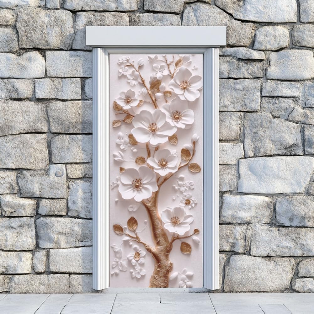arricraft 2 Pcs Self-Adhesive Door Sticker, 31.5"x78.7" 3D Flower and Golden Branch Door Murals Stickers PVC Removable Wallpaper Decoration for Bedrooms Living Room
