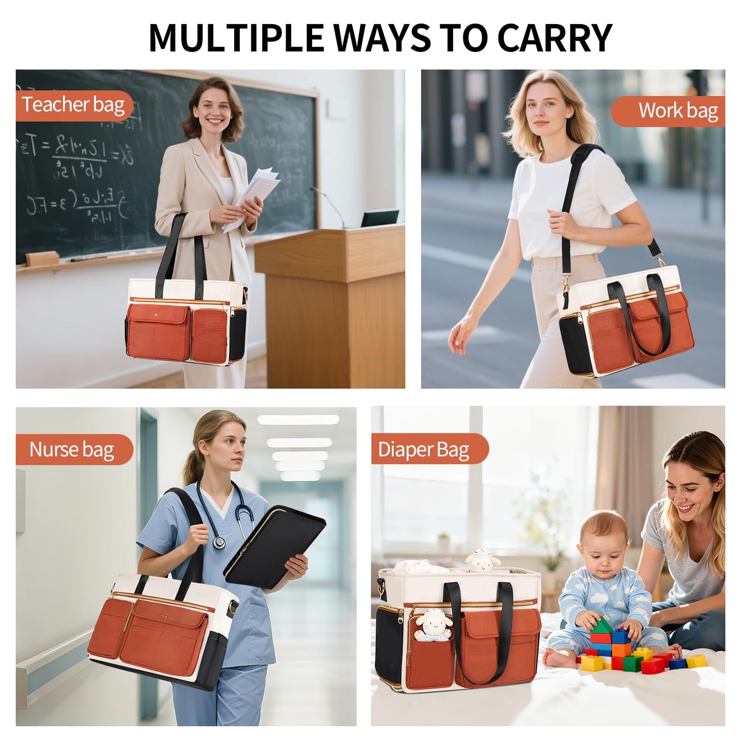 ESTARER Teacher Tote Bag for Women 2Pcs,15.6'' Laptop Work Bag Computer Bag w/File Folder & Insulated Pocket, Large Water-resistant Messenger Shoulder Bag for Office/Travel/College,Black-Beige-Brown