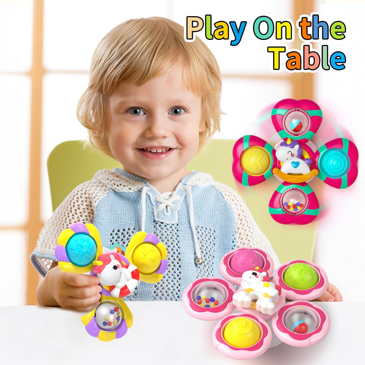 Usrela 4Pcs Suction Cup Rotating Toys for 1 Year Old Boy Girl, Bath Toys for Baby 12 18 Months, 1 2 Year Old Boy Birthday Gift, Sensory Toy for Toddler 1-3