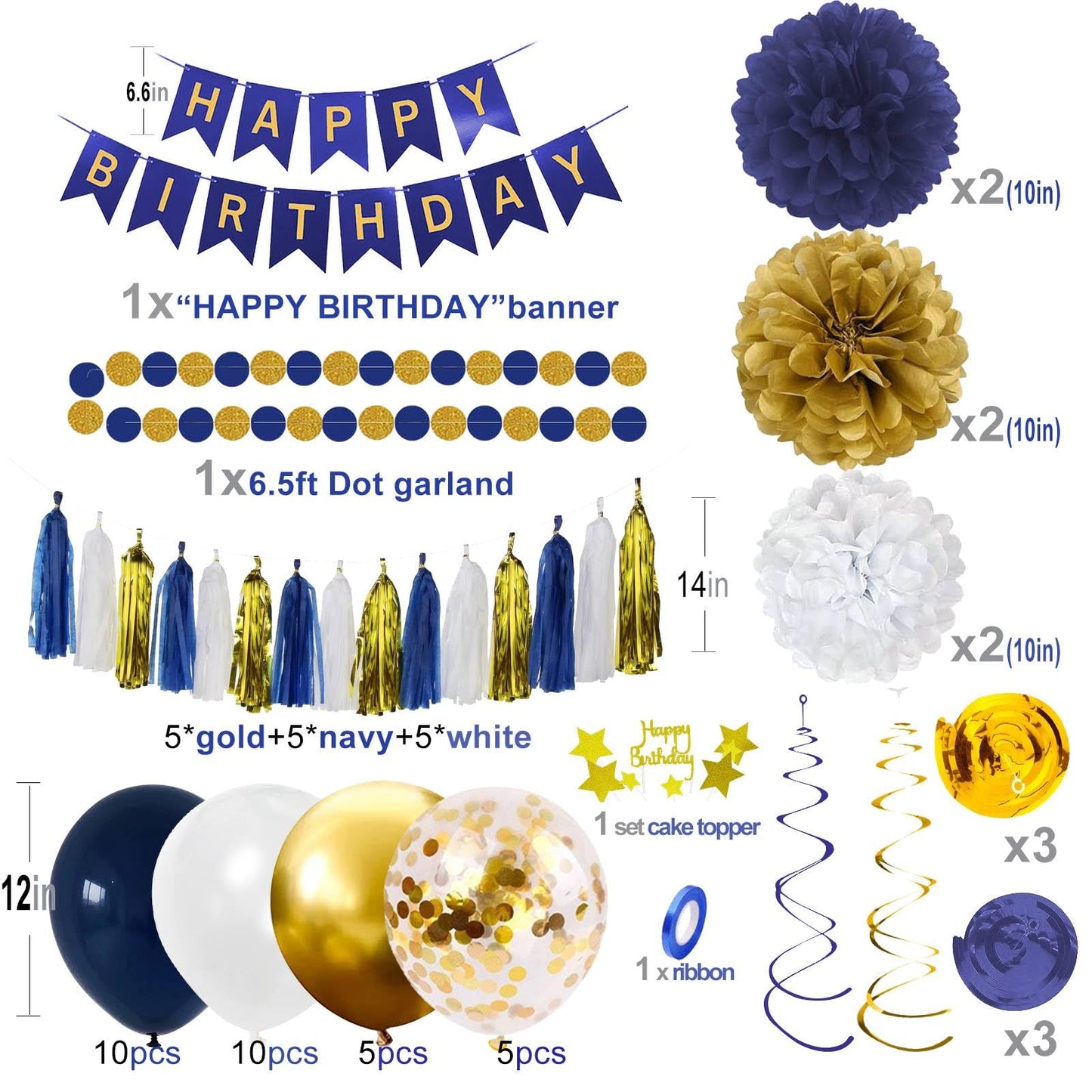 YGYXMY Birthday Decorations for Men, Navy Blue and Gold Party Decorations Set - Happy Birthday Banner, Balloons, Tissue Pompoms, Swirls, Tassels Garland