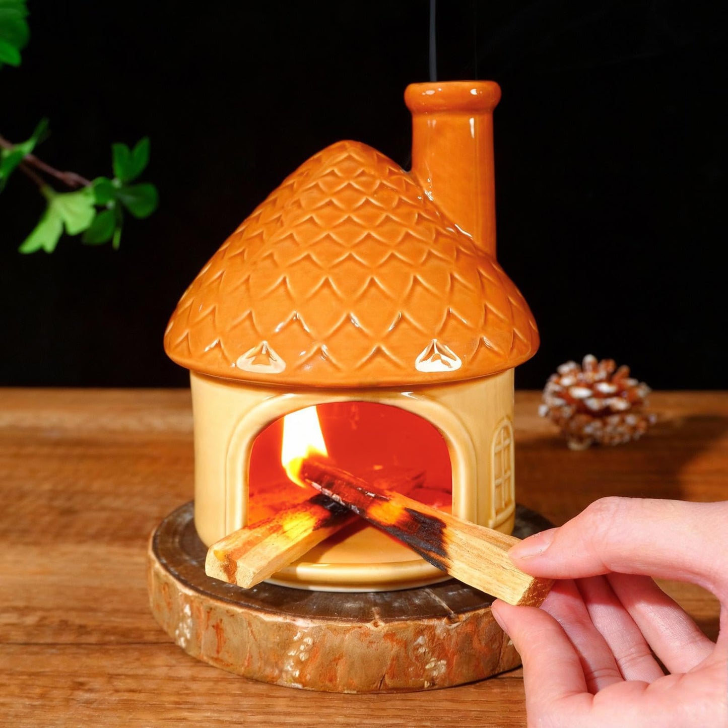Mougigi Mini Ceramic Palo Santo Burner - Yellow House Chiminea Incense Holder with Stable Base, Ideal for Smudging Sage, Burning Incense Cones - Perfect for Meditation, Yoga, Altars, Home Decor