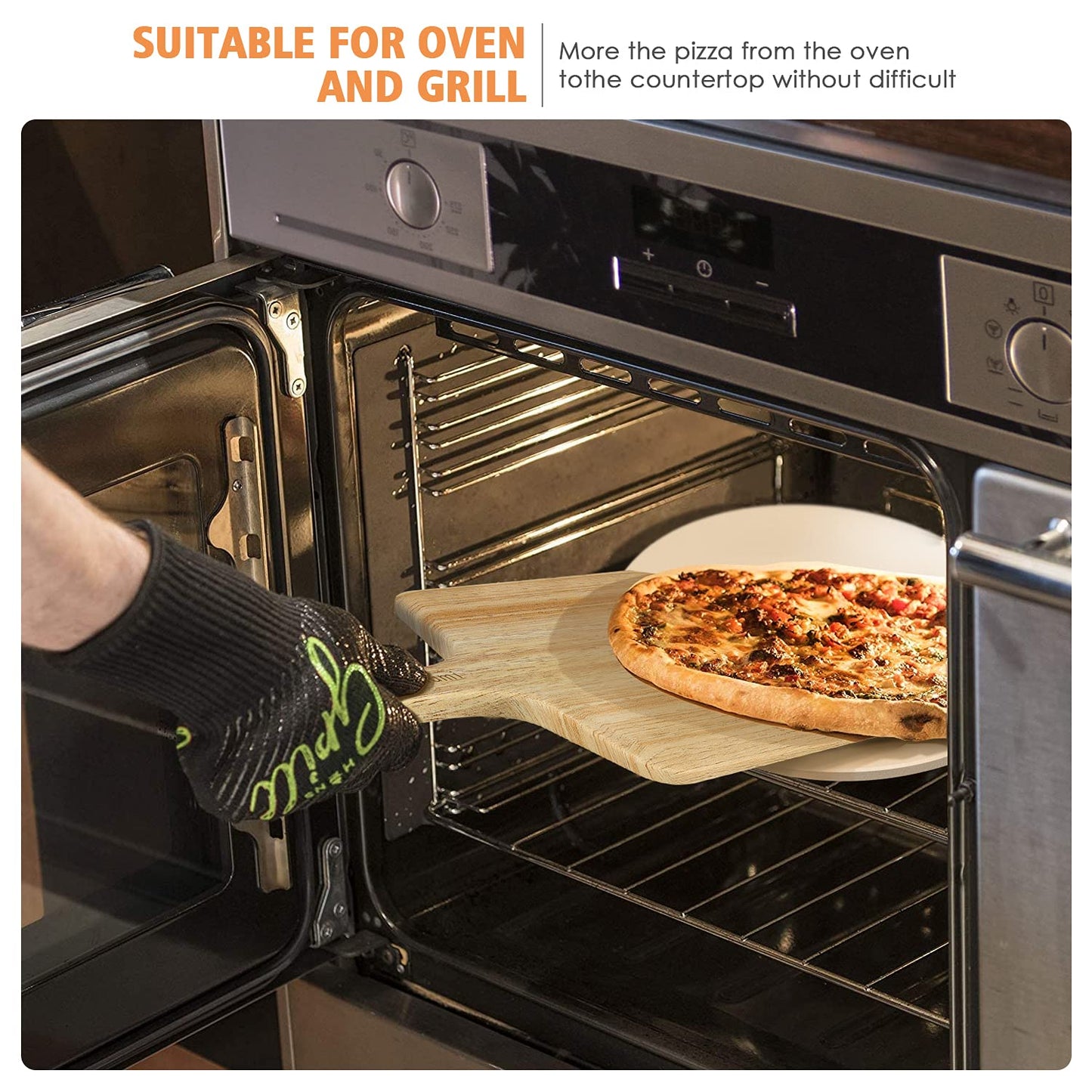 5 PCS Round Pizza Stone Set, 13" Pizza Stone for Oven and Grill with Pizza Peel(OAK),Serving Rack, Pizza Cutter & 10pcs Cooking Paper for Free, Baking Stone for Pizza, Bread