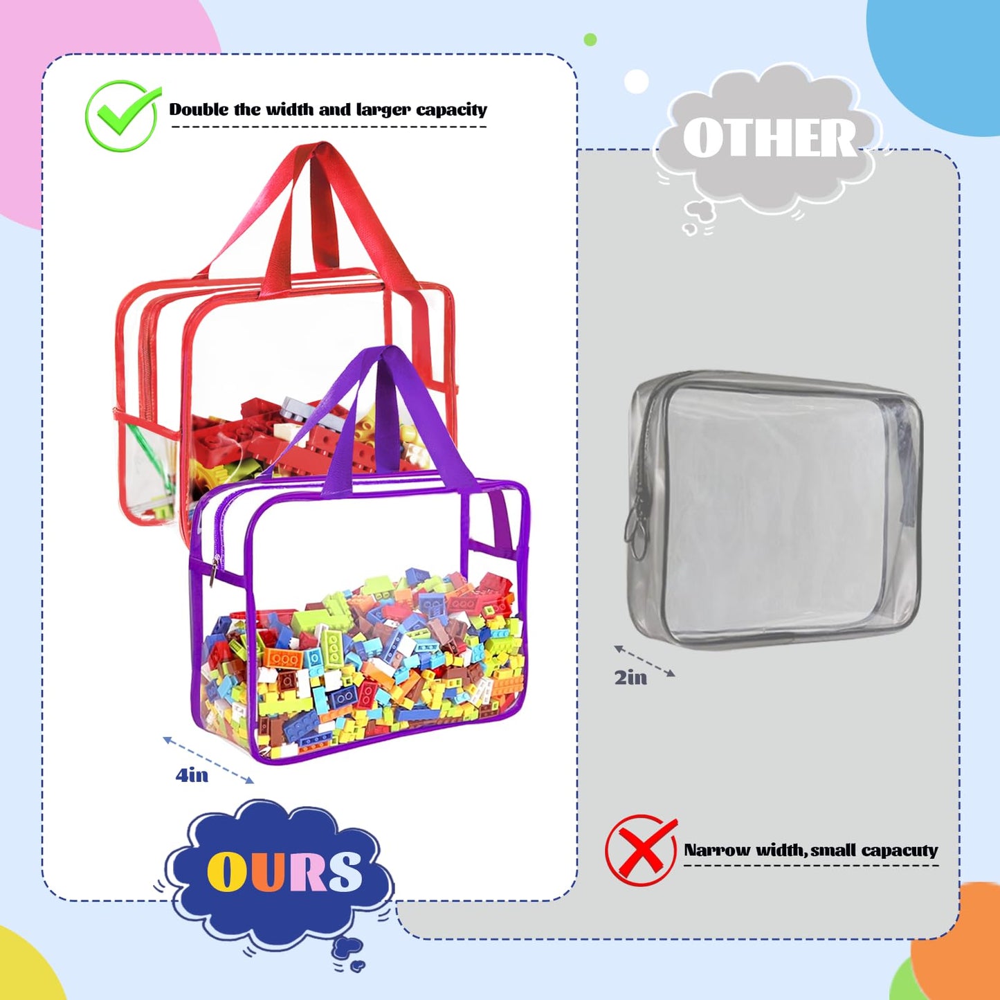 Jiejieko 4 Pcs Toy Storage Bags, Clear PVC Toy Organizer with Zipper, Waterproof Travel Bags with Labels for Building Blocks, Puzzle, Kids Books (multicolor2)