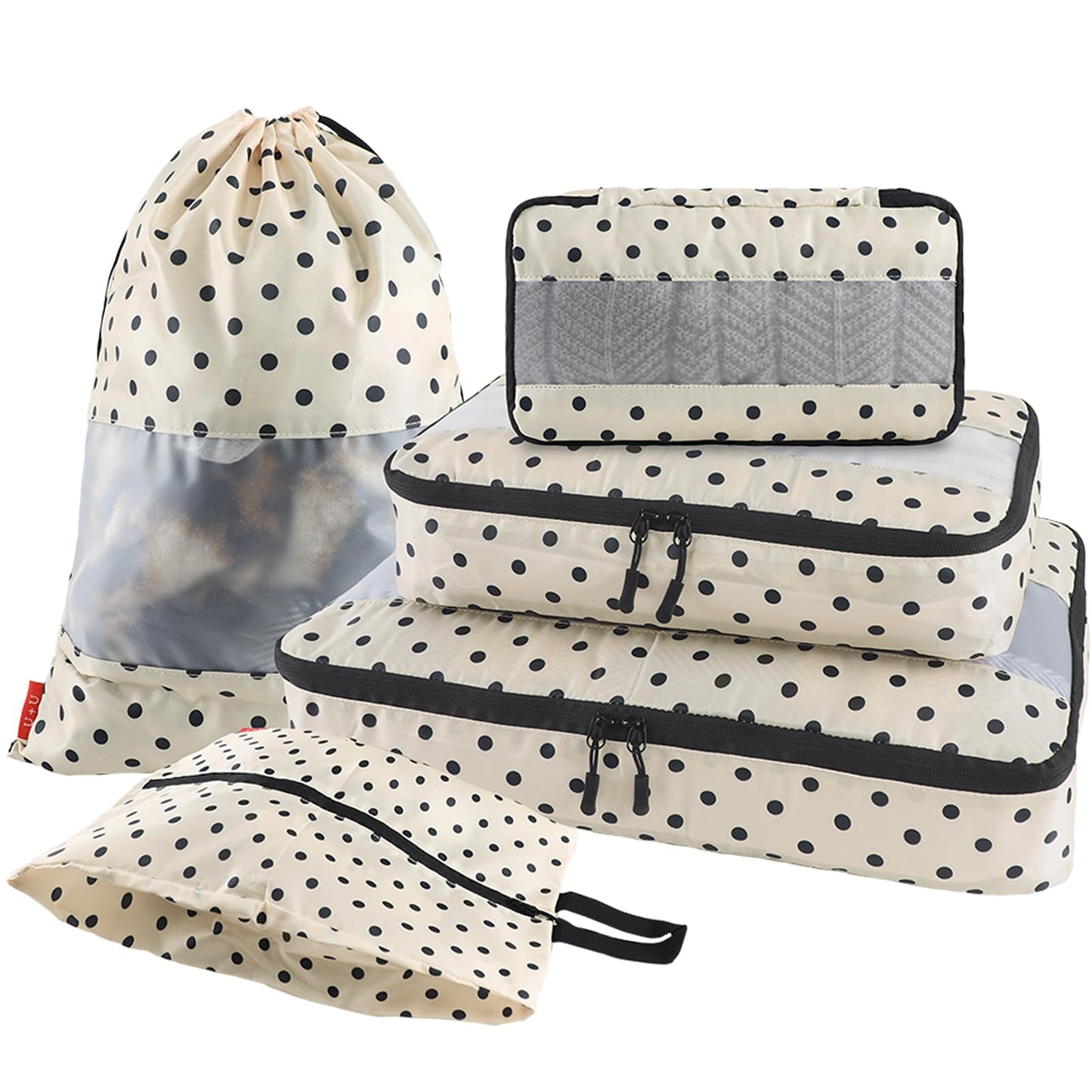 U+U 5 Set Packing Cubes for Travel Essentials Ultralight Luggage Packing Organizers with Laundry Bag and Shoe Bag for Vacation, Business Trip and Camping (Polka Dot)