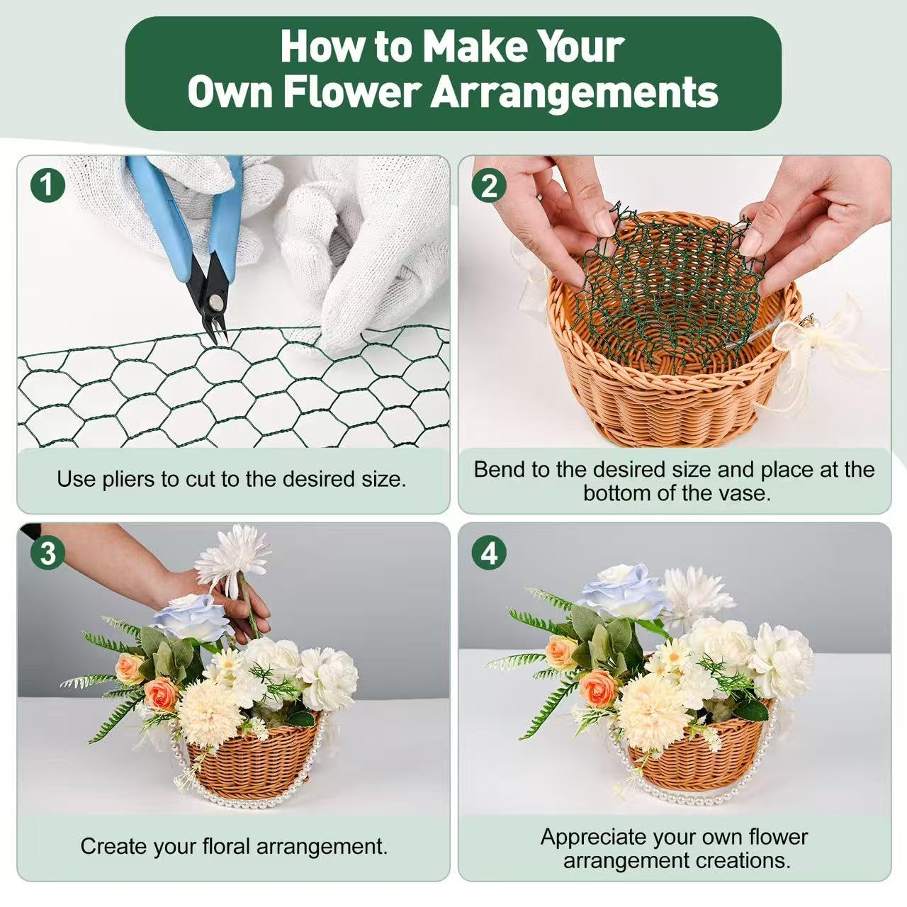 ROERLIEN 5 in×236 in Floral Wire Netting,Green Coated Floral Chicken Wire for Floral Arrangements,Garden Fencing,Protect Plant & Decorate Flower Arch and DIY Craft. (5 in×236 in)