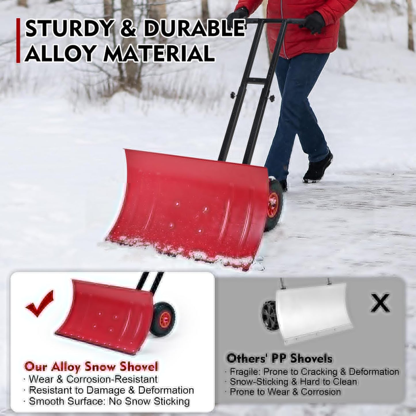 ONECHOI Snow Shovel with Wheels, 29X16.5inch Angled Steel Blade，Heavy-Duty Snow Shovel Pusher and Plow with Height Adjustable Handle for Driveway and Efficient Snow Removal (29 Inch X16.5 Inch)