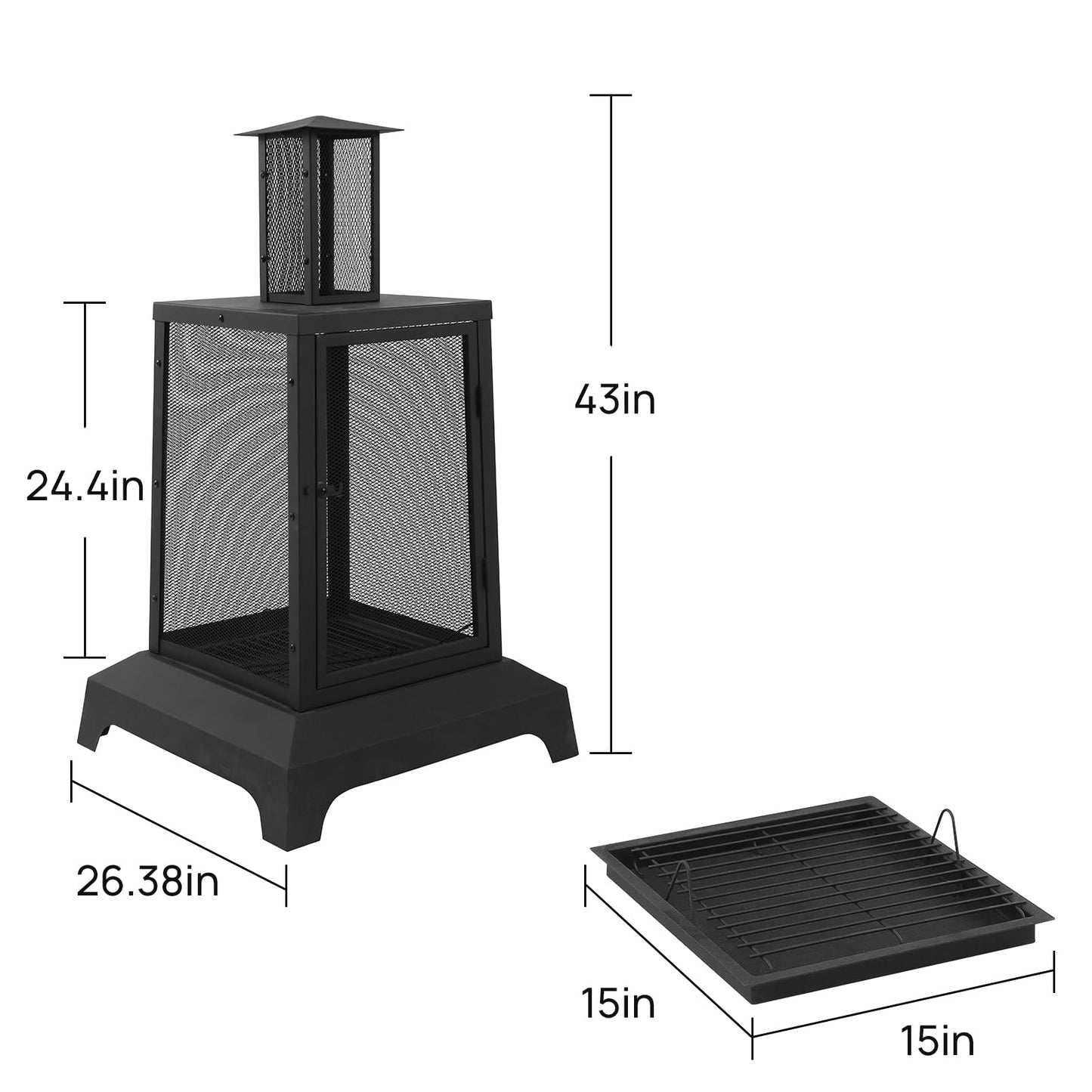Walsport Chiminea Outdoor Fireplace, 43 Inch Wood Burning Fire Pit with Grill Grate and Spark Screen Cover, Outdoor Fire Pit for Patio, Backyard, Deck Porch and Camping, Black
