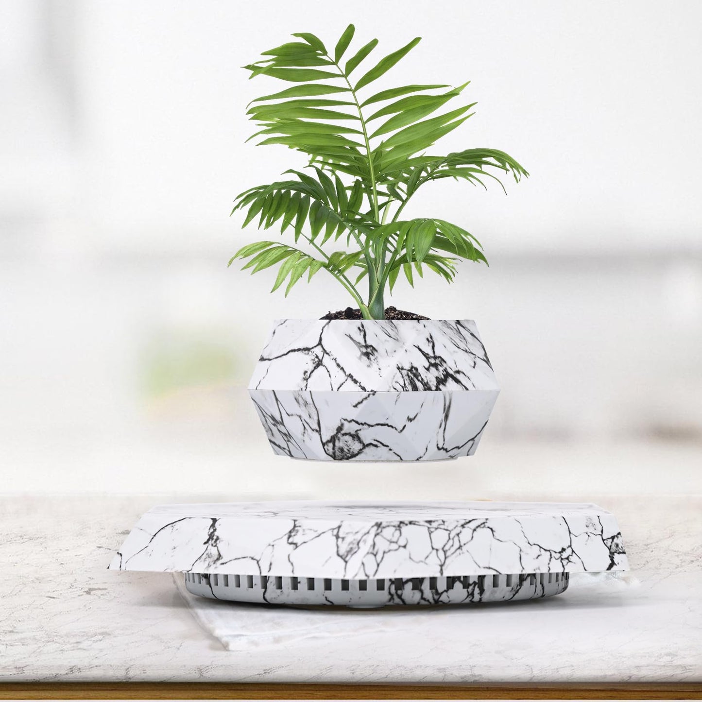 Leekimid Levitating Plant Pot, Magnetic Levitation Flower Pot Suspension Floating Plant Succulents, Air Bonsai Potted Plant for Home Decoration, Living Room, Office, Desk (Marble)