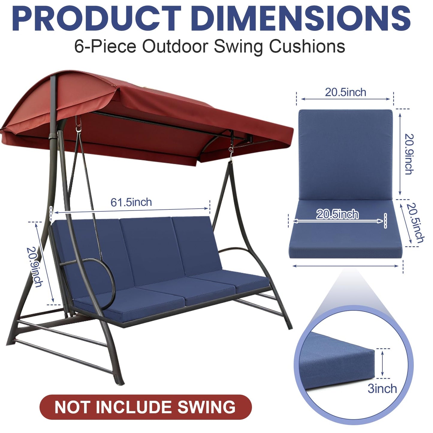 Sintuff 3 Seat Outdoor Porch Swing Cushions, Water-resistant Swing Cushions Replacement with Anti-slip Design, Porch Bench Cushion Liner and Cover 2 in 1 for Patio Garden, Chair Not Include(Navy Blue)