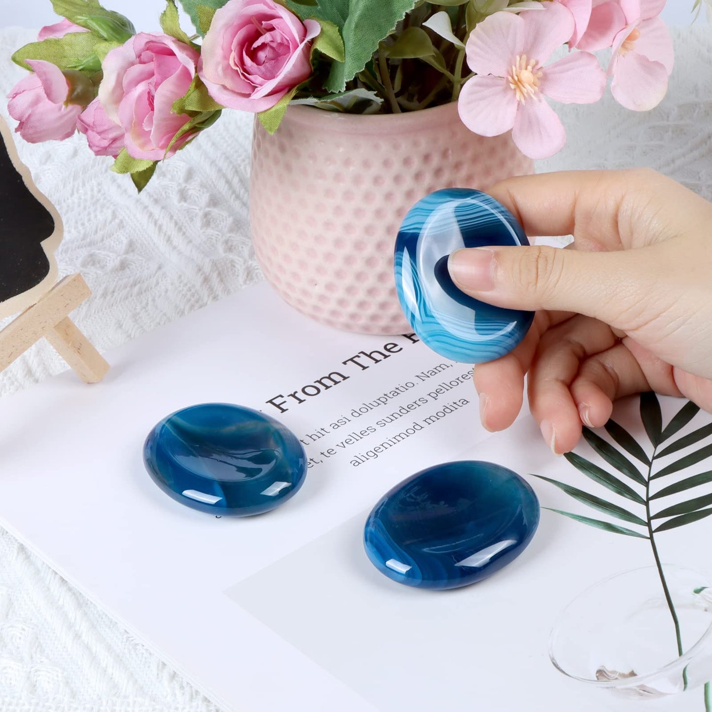 Artistone Blue Agate Crystal Thumb Worry Stones,Healing Crystal Polished Palm Pocket Chakra Gemstones for Anxiety,Stress,Reiki Gift 2.0"