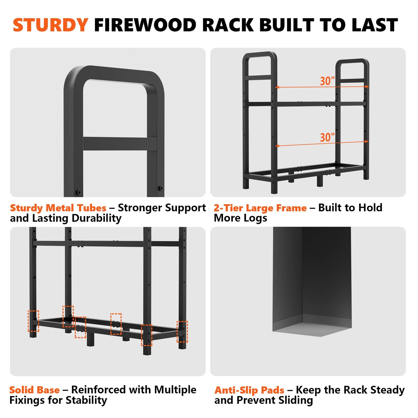 HXJLJY 2-Tier Large Firewood Rack Outdoor Indoor with Log Carrier Bag, 30" Stable Log Holder Rustproof Metal Wood Rack for Fireplace Patio Deck Firepit, Heavy Duty Firewood Storage Organizer Tool