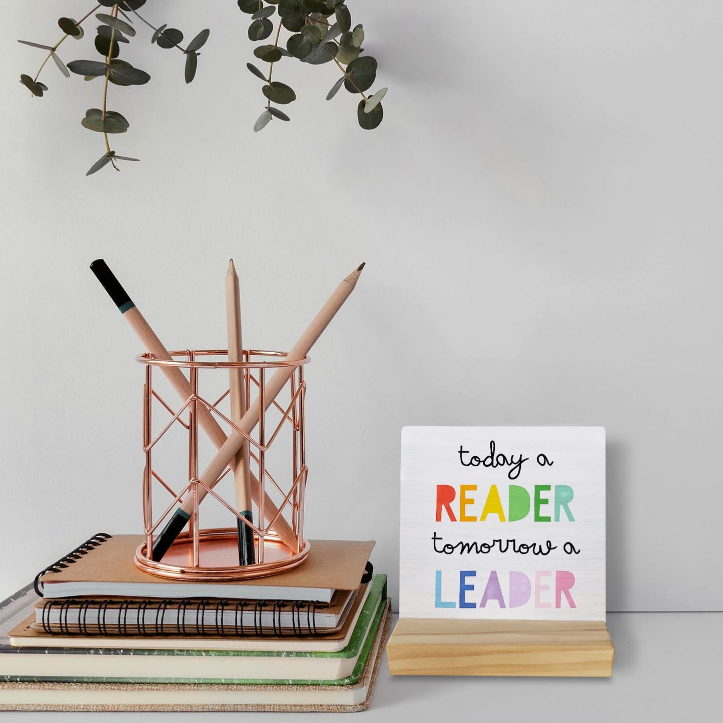 Today a Reader Tomorrow a Leader Wood Plaque Sign,Reading Motivated Wooden Stand Wood Sign Desk Decor for School Library Home Office Table Shelf,Reading Gifts for Women Kids Book Lovers Students