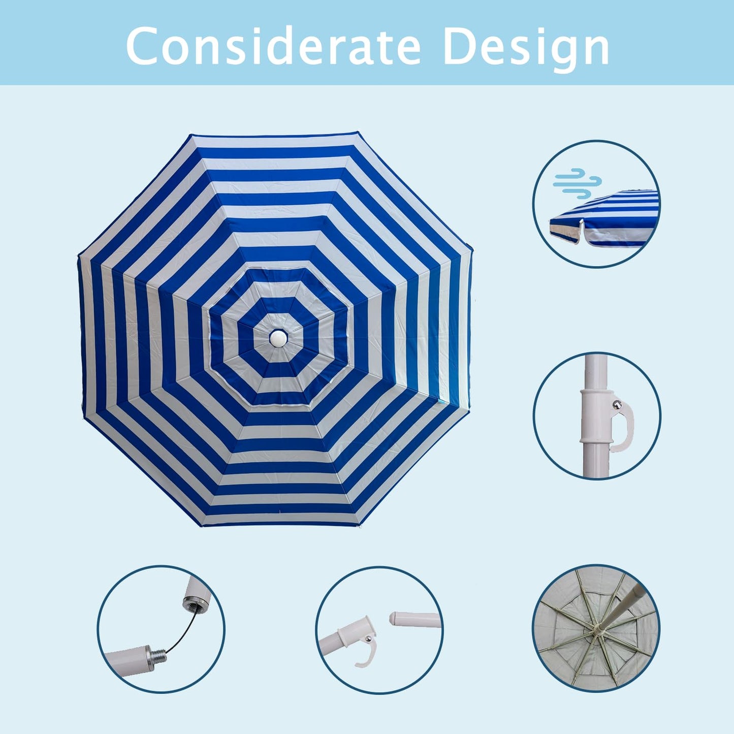 LOTTAFUN 6ft Beach Umbrella - Heavy Duty Wind Resistant UV 50+ Portable Sun Shade with Sand Anchor & Carry Bag, Outdoor Folding Umbrella for Beach, Pool, Patio, Garden (Blue strip) No Tilt