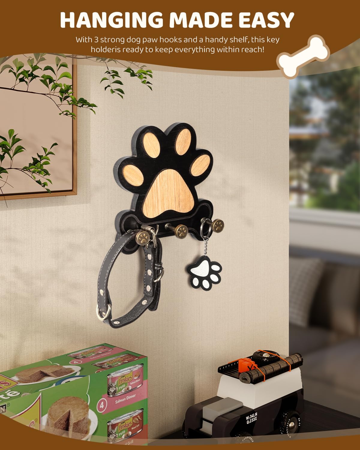 MTERSN Pine Wood Key Holder Wall Mount – Cute Dog Paw Key Hooks for Dog Leash Holder & Coat Rack for Entryway, Bedroom, or Living Room – Rustic Farmhouse Wall Decor for Home Organization (Black)