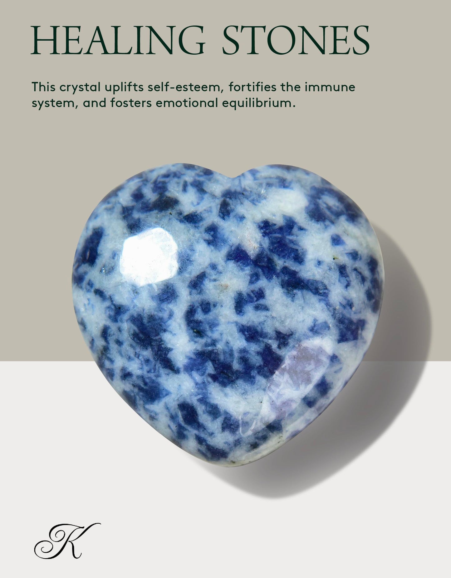 KALIFANO Sodalite Heart Carving - High Energy Iron Stone Sodlita with Healing Properties - Reiki Crystal Used for Increased Self Esteem (Information Card Included)