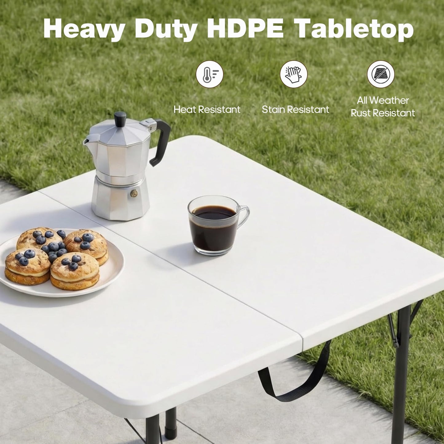34" Square Folding Table for 4 Person, 330lbs Weight Capacity Foldable Table with HDPE Tabletop & Heavy-Duty Steel Legs, Large Portable Picnic Table for Indoor Outdoor Parties, Camping, White