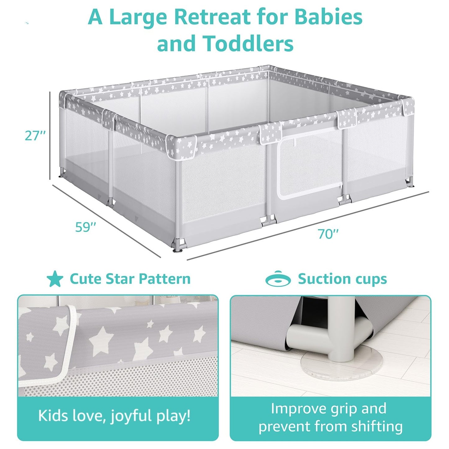 Large Baby Playpen for Babies and Toddlers - 70x59in Giant Play Pen for Babies 6-12 Months Big Play Yard for Toddlers 1-3 Play Pens for Toddler Indoors Playyard Fence Pin Corrales para Bebes Grey-s