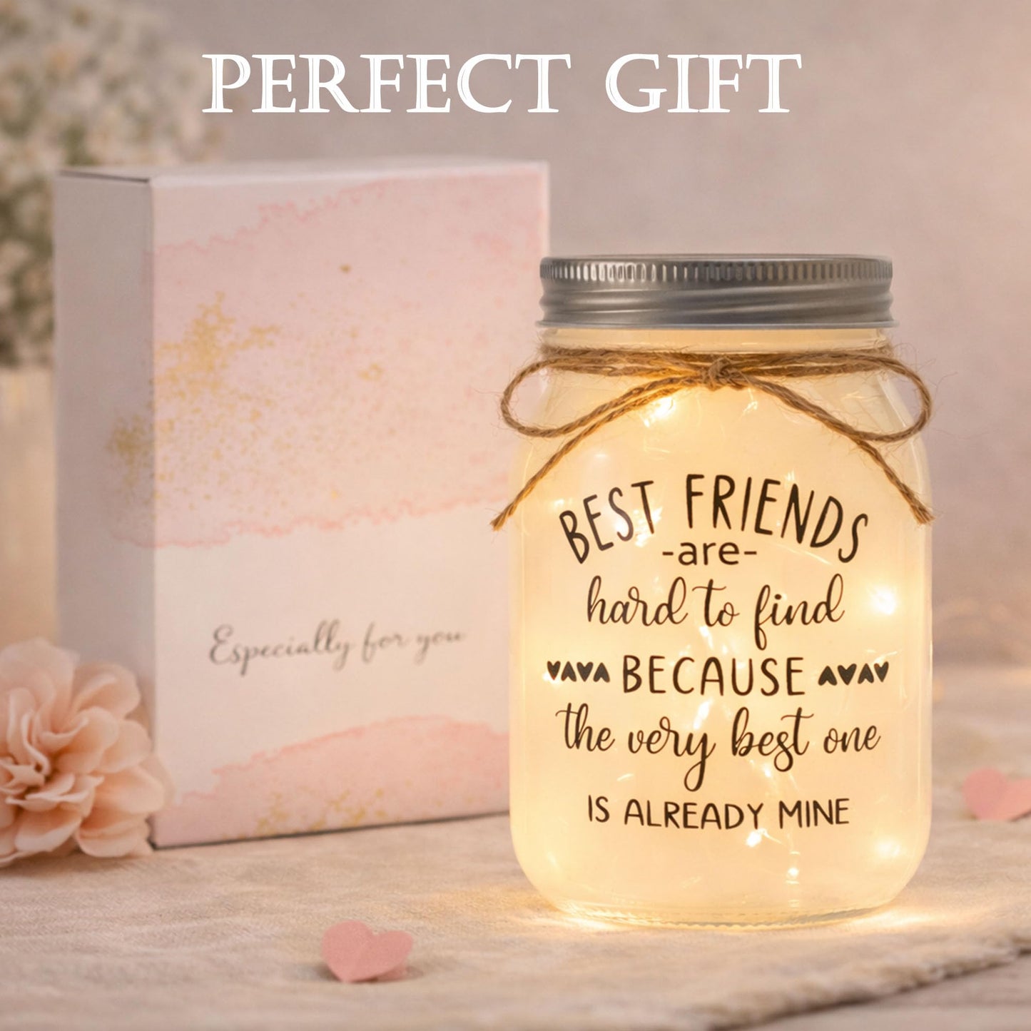 Friendship Gifts for Friend - Mason Jar Night Lights with 10 Warm Lights, Women Birthday Gift for Best Friends, BFF, Bestie Christmas Gift Idea