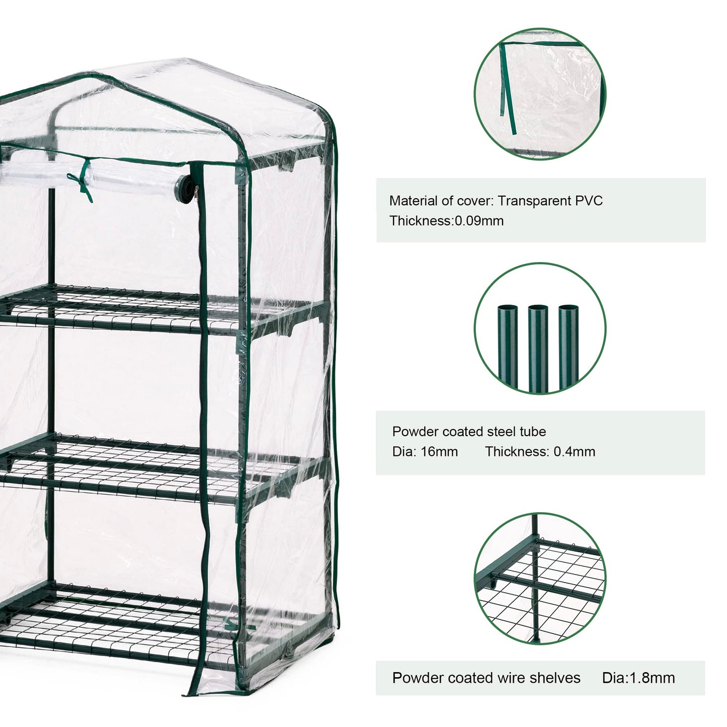 Glitzhome Portable Indoor Outdoor Patio Mini Greenhouse, Green, 3-Tier