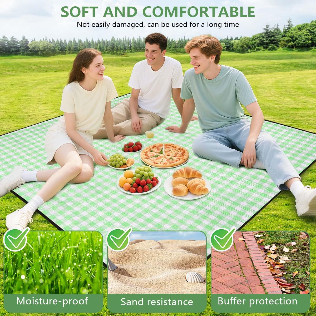 OBTANIM Extra Large Picnic Blanket 80 x 80 Inch Waterproof Foldable Beach Blankets Outdoor Picnic Mat for Camping Grass Lawn Park Music Festival Party Accessories (Green and White)