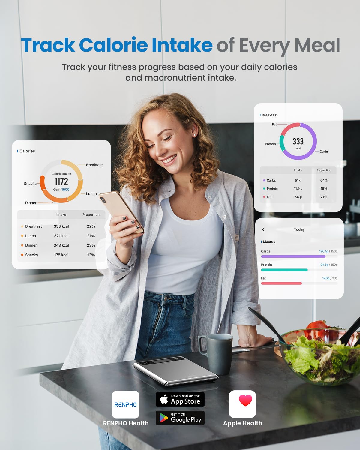 RENPHO Digital Food Scale with Nutritional Calculator, Smart Food Kitchen Scale, Food Weight Scale Grams and Ounces for Weight Loss, Calorie, Macro and Cooking, Stainless Steel