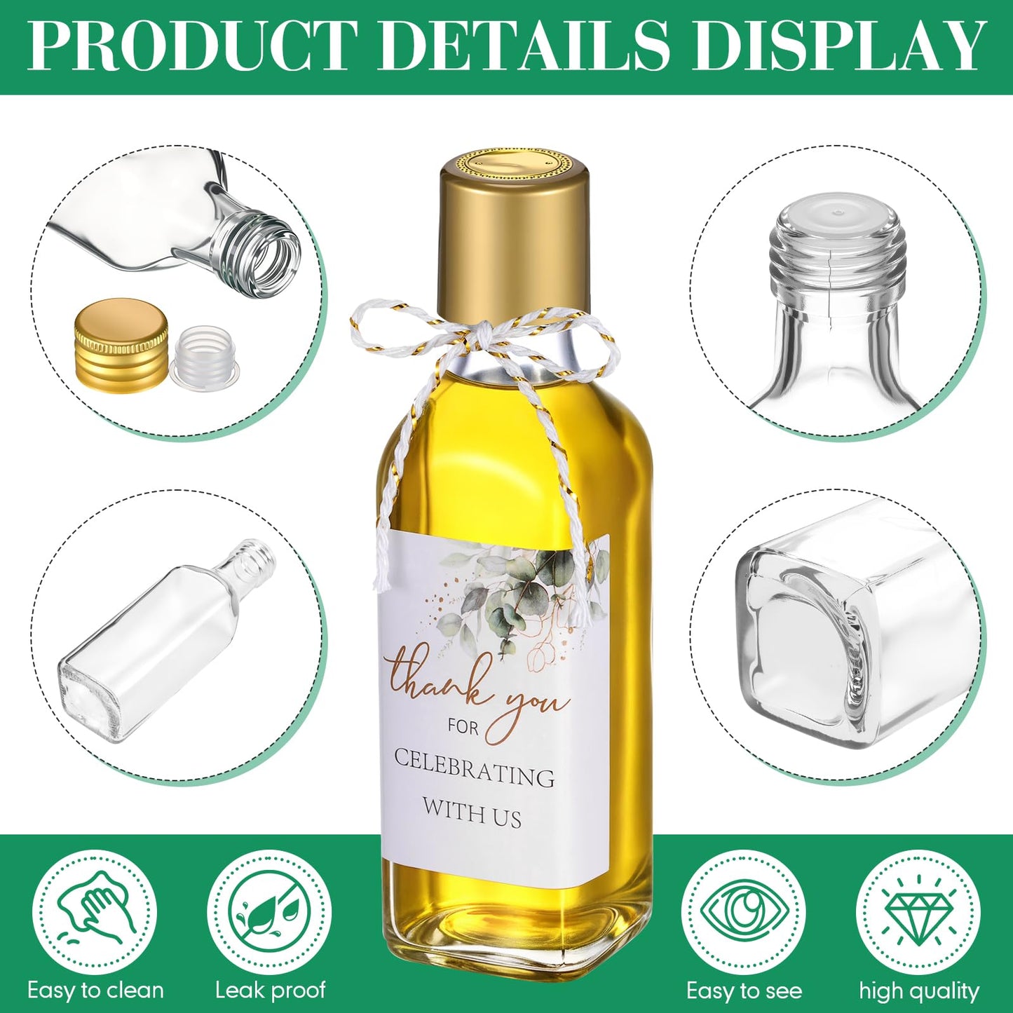 Reallnaive 20 Pack 3 oz Mini Glass Olive Oil Bottles Set, Homemade Wedding Sauce Gift Bottles Leakproof Screw Cap, Thank You Wedding Stickers for Storing Oil Honey Bridal Baby Shower Favors (Gold)