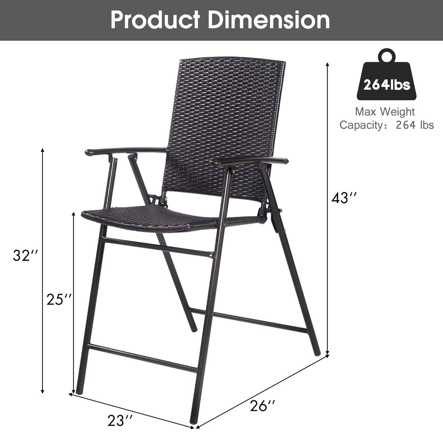 LUARANE Folding 4 Pieces Wicker Rattan Chairs, Tall Bar Stool Set with Back Steel Frame Footrest Armrest, Weather-resistant Comfortable Chairs for Outdoor Indoor Garden Patio Furniture Set, Brown