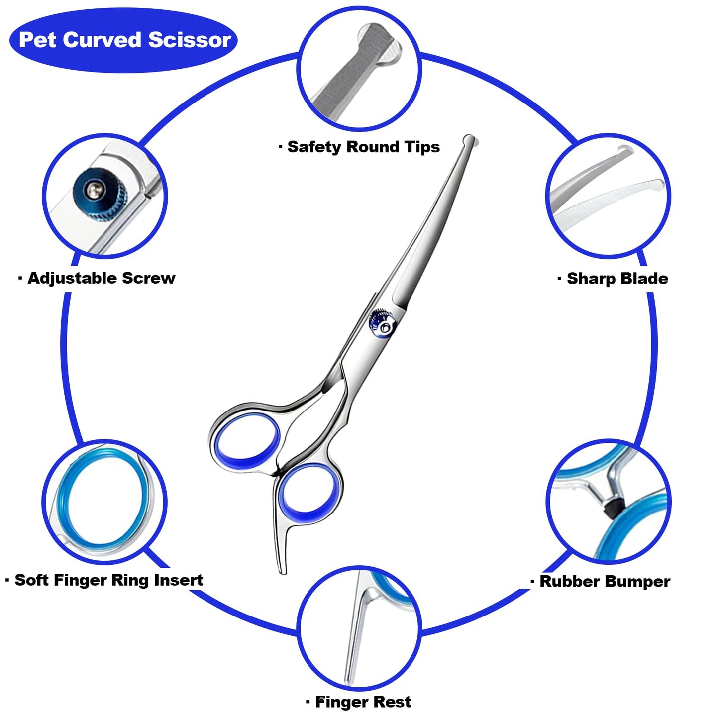 HCHYEY Dog Grooming Scissor, 7-in-1 Pet Grooming Scissor for Dogs, Professional Dog Grooming Kit with Safety Round Tips, Titanium Coated Cat Scissors Kit for Home Grooming (Blue)