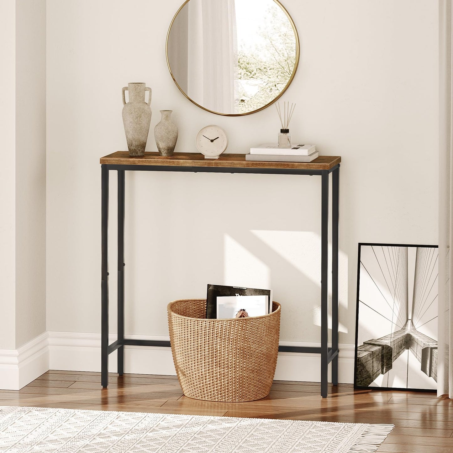 HOOBRO Narrow Console Table and 3-Tier Purse Organizer for Closet, 29.5" Small Entryway Table, Purse Rack Stand with 8 Movable Hooks, BF75XG01-WN28CJ01
