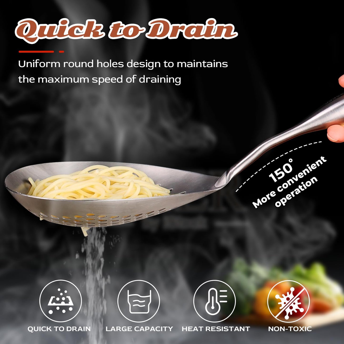 MARTE Skimmer Slotted Spoon,304 Stainless Steel Pasta Spider Strainer Ladle for Frying and Cooking,Kitchen Colanders & Food Strainers Set of 2，Slotted Spoon with Heat-Resistant Solid Wood Handle