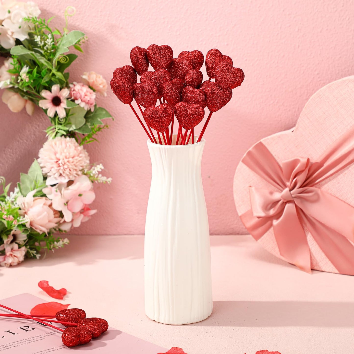 ZCYSRLQIN 24 Pcs Glitter Foam Hearts Sticks Foam Heart Picks Sparkly Hearts Stems Puffy Heart Wooden Picks for Wedding Decorations Flower Arrangements Crafts (Red)