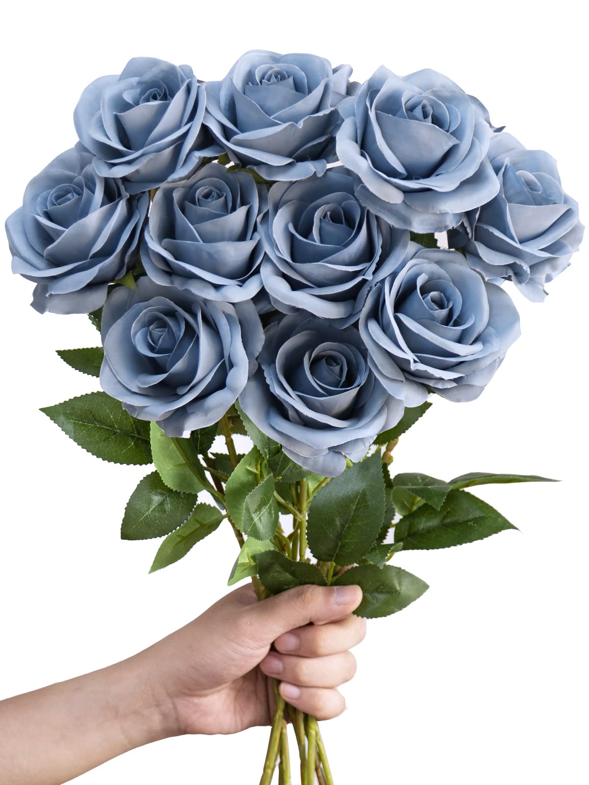 LFF 10Pcs Dusty Blue Roses Artificial Flowers, Faux Silk Roses with 21.2" Long Stems & 2.36" Large Blooms, Lifelike Fake Roses for DIY Wedding Bouquet Home Party Vase Filler Table Centerpiece Decor