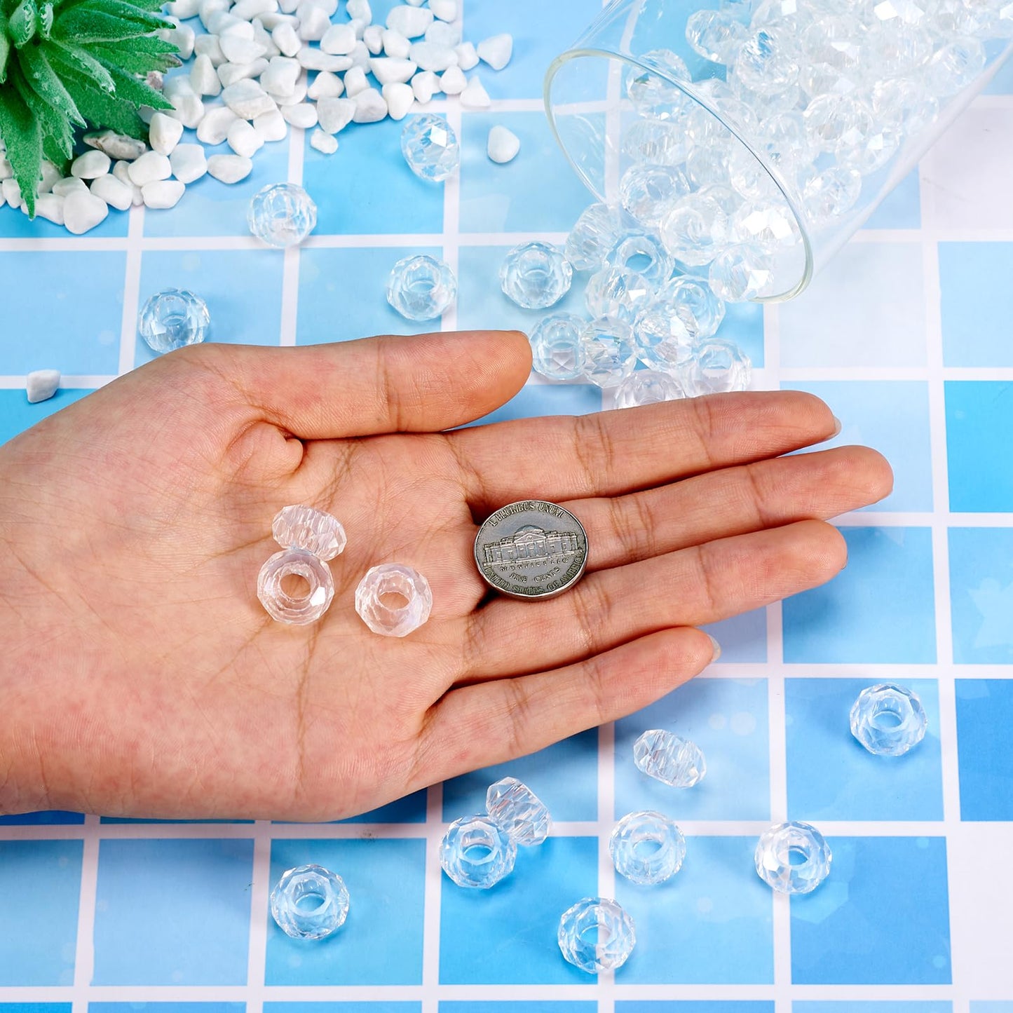 Pandahall 100pcs Glass European Beads Large Hole Beads Round Faceted Rondelle Slide Charms No Metal Core for Bracelet Jewelry Makings Crystal AB 14mm in Diameter
