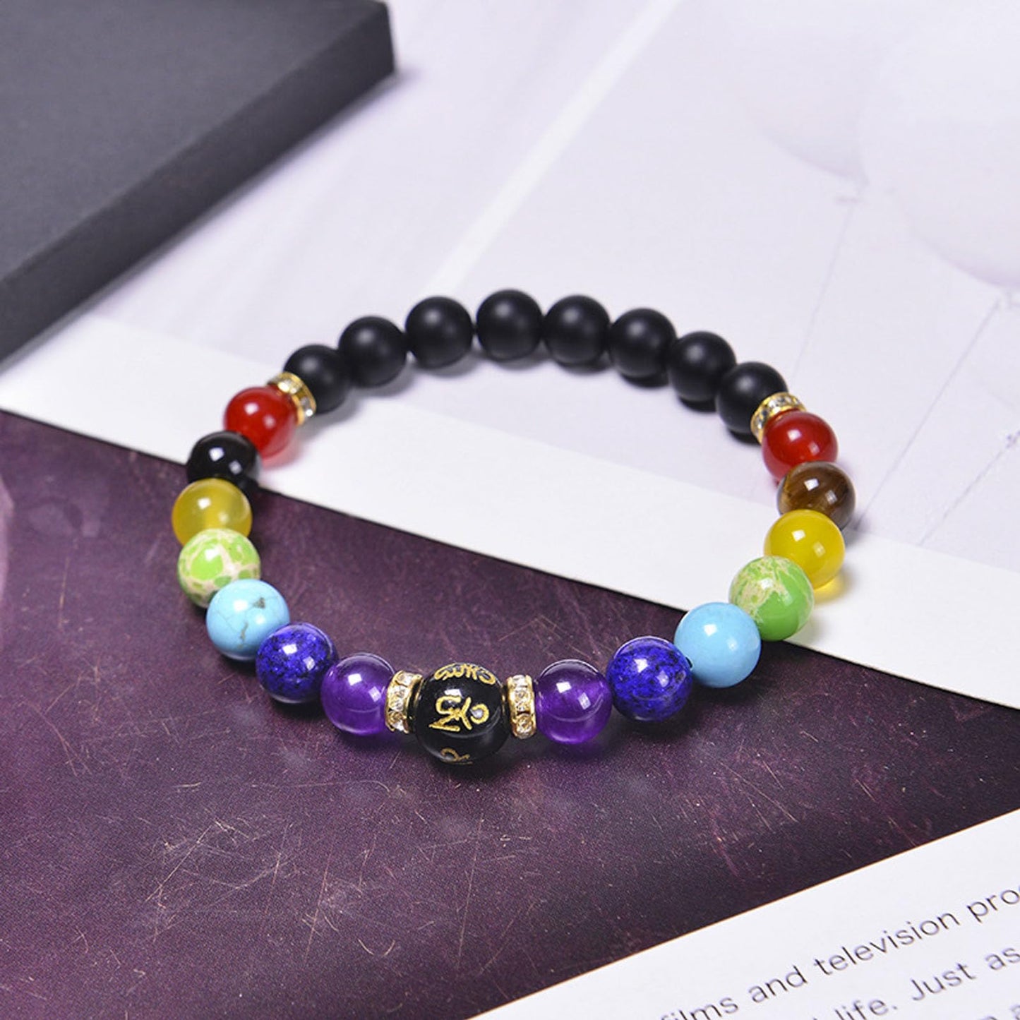 Chakra Bracelets for Women, Crystals and Healing Stones Pulsera Arus 7 Chakras Spiritual Bracelets for Woman Anxiety Healthbangle Lymphatic Drainage Elastic Bangle Natural Stone Yoga Crystals Beads Meditation Relax Anxiety(Matte Black)