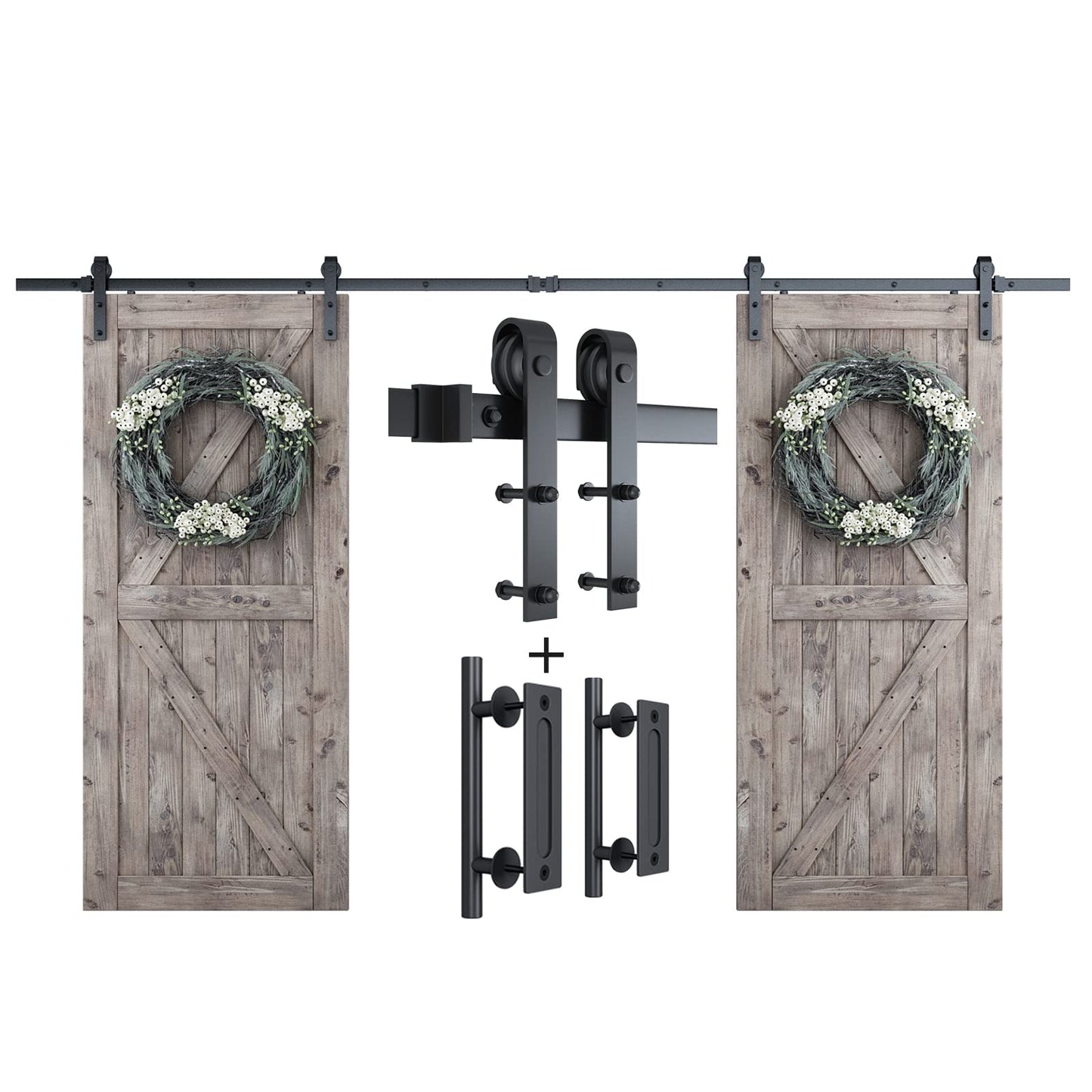 SMARTSTANDARD 12 Feet Heavy Duty Double Sliding Barn Door Hardware Kit with 2 Pack Handles