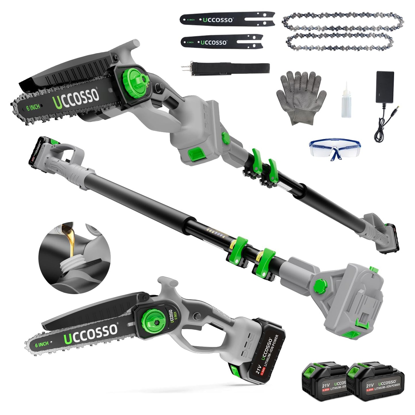 3-in-1 Electric Pole Saws for Tree Trimming 6&8" Mini Chainsaw Cordless with Extension Pole,850W Brushless Motor,Auto Oiling,Total Reach of Max 15ft,Pole Saw for Home & Garden & DIY-Gray