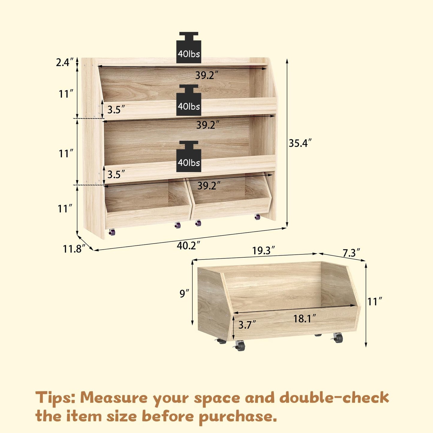 COZPAW Toy Storage Organizer, 3 Tier Montessori Shelf with Movable Bins (Wood)