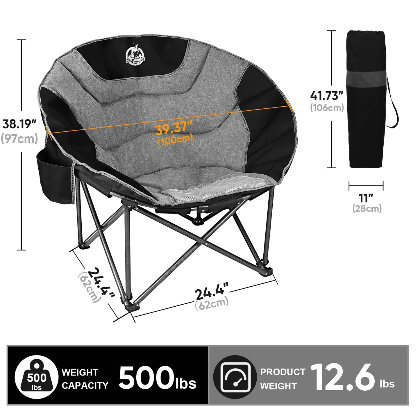 Northroad XXL Camping Moon Chair,Oversized Round Chair,Folding Padded Saucer w/Side Pocket,500lbs Capacity for Outdoor Hiking Fishing Picnic Lawn,Black&Grey