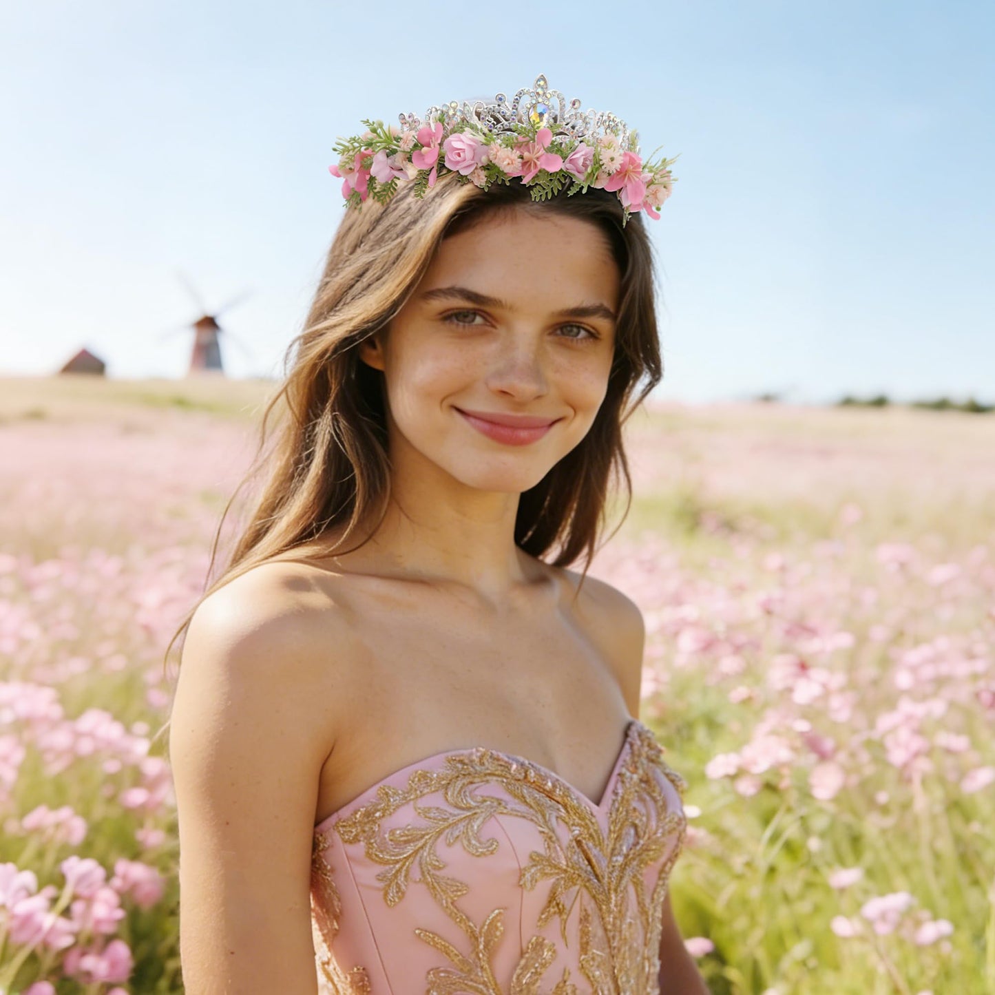 KorViSHOW Pink Flower Crown Headband, Fairy Princess Floral Headpiece, Bridal Flower Tiaras for Women Girls Maternity Birthday Wedding Renaissance Festival Party Hair Accessories