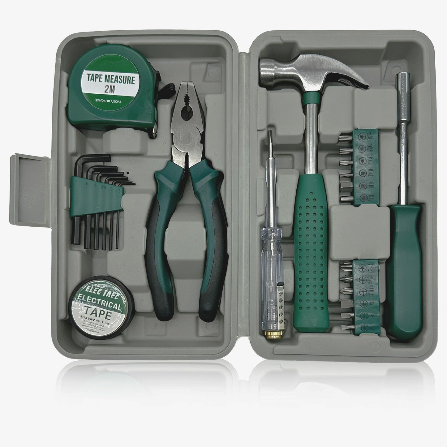 Tool Kit, 8 Piece Home Repair Set with Tape Measure, Hex Keys, Pliers, Hammer, Screwdrivers, Electrical Tape, Gray Case (Green)