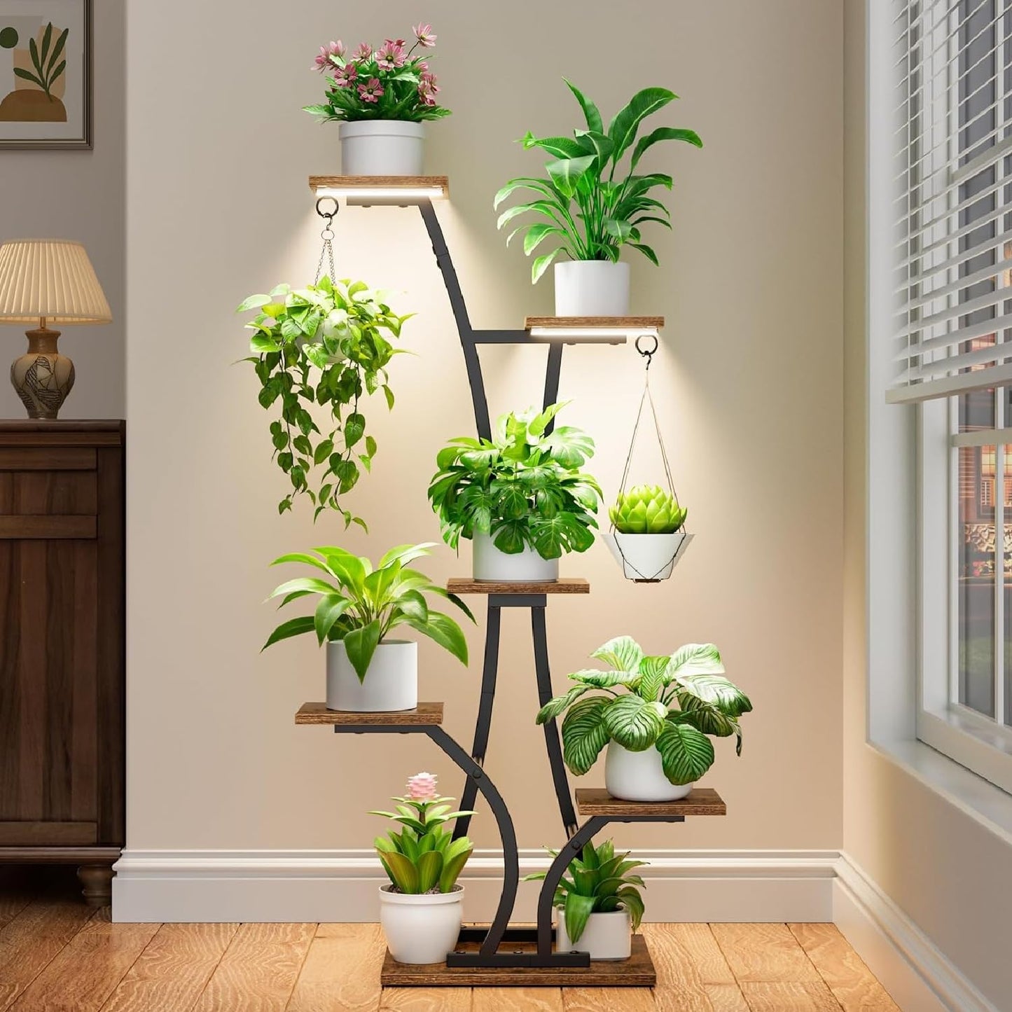 MOSTWOGO Plant Stand with Grow Light for Indoor Plants, 6 Tiered Metal Plant Shelf, 45" Indoor Plant Rack with 7 Shelves and 2 Hooks, Modern Corner Plant Holder for Living Room Balcony Bedroom, Black