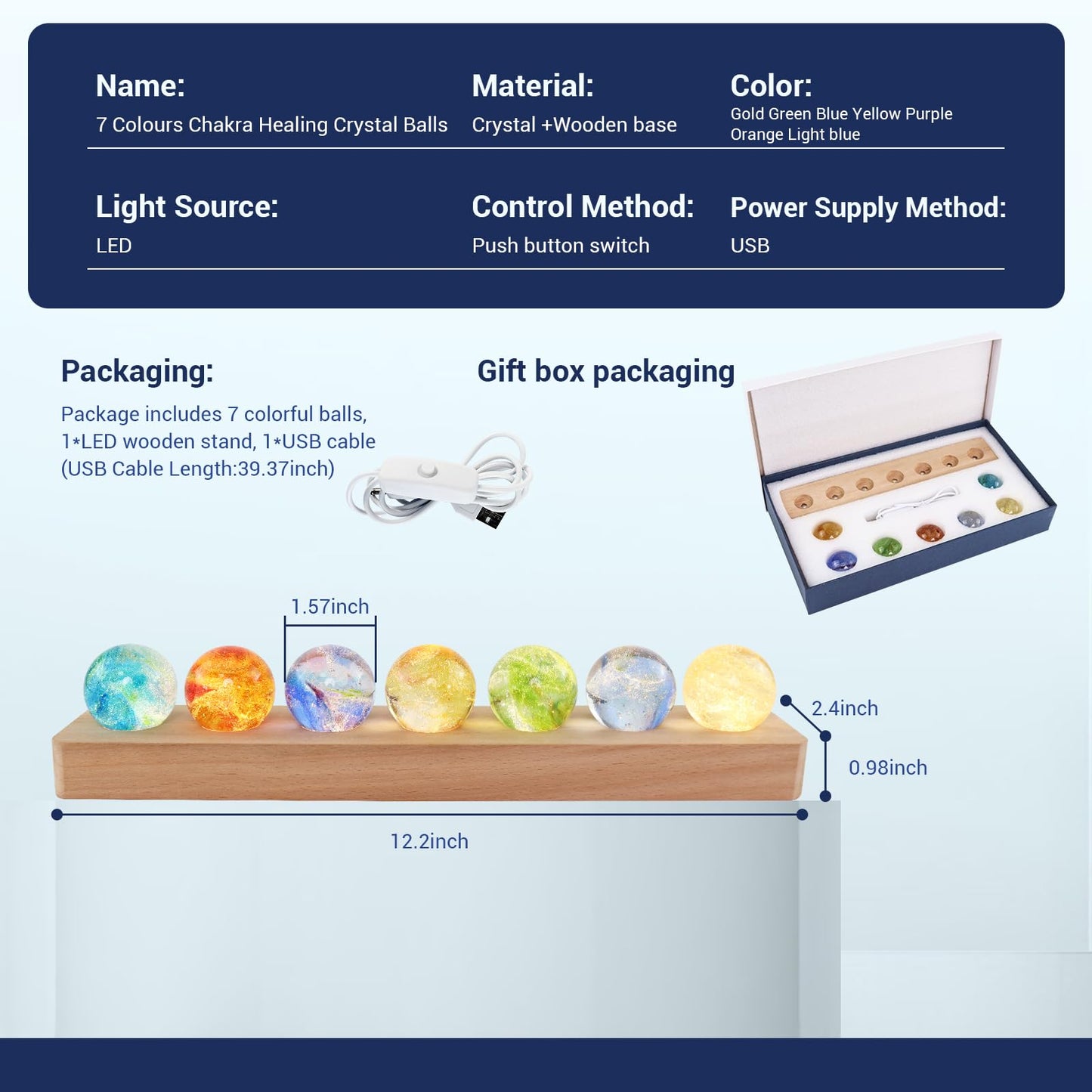 LOSCHEN 7 Chakra Natural Healing Spheres with LED Wooden Stand 40mm Crystal Quartz Stones for Meditation Energy Balancing Decor, Yoga Zen Home Office Desk Ornament