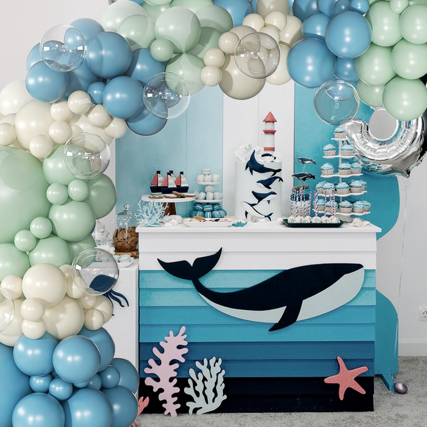 Under the Sea Party Decorations, Dusty Green Blue Under the Sea Balloon Garland Arch Kit, Ocean Themed Party Decorations Baby Shower Birthday Party Decor(136Pcs)