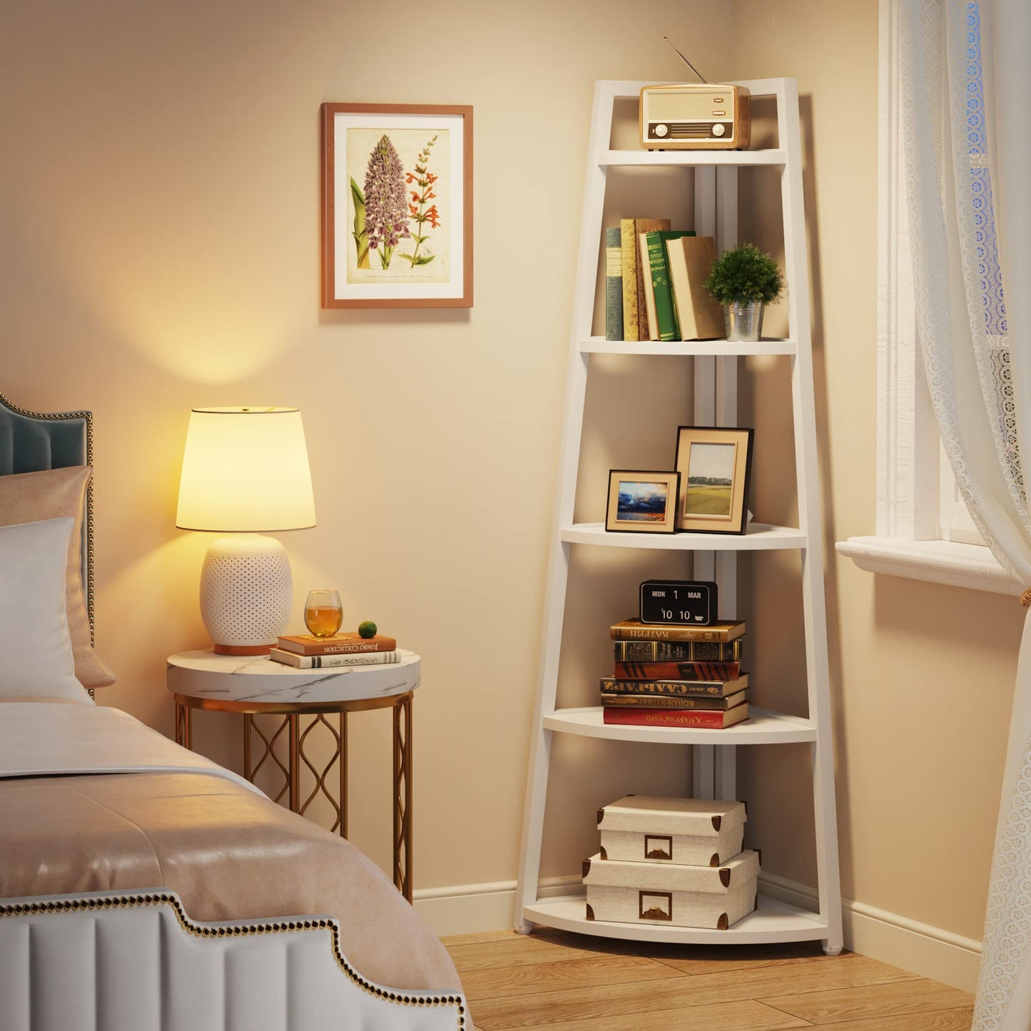 Tribesigns 70 inch Tall Corner Shelf, 5 Tier Modern Corner Bookshelf Bookcase Industrial Corner Ladder Shelf Plant Stand for Living Room, Kitchen, Home Office (White)