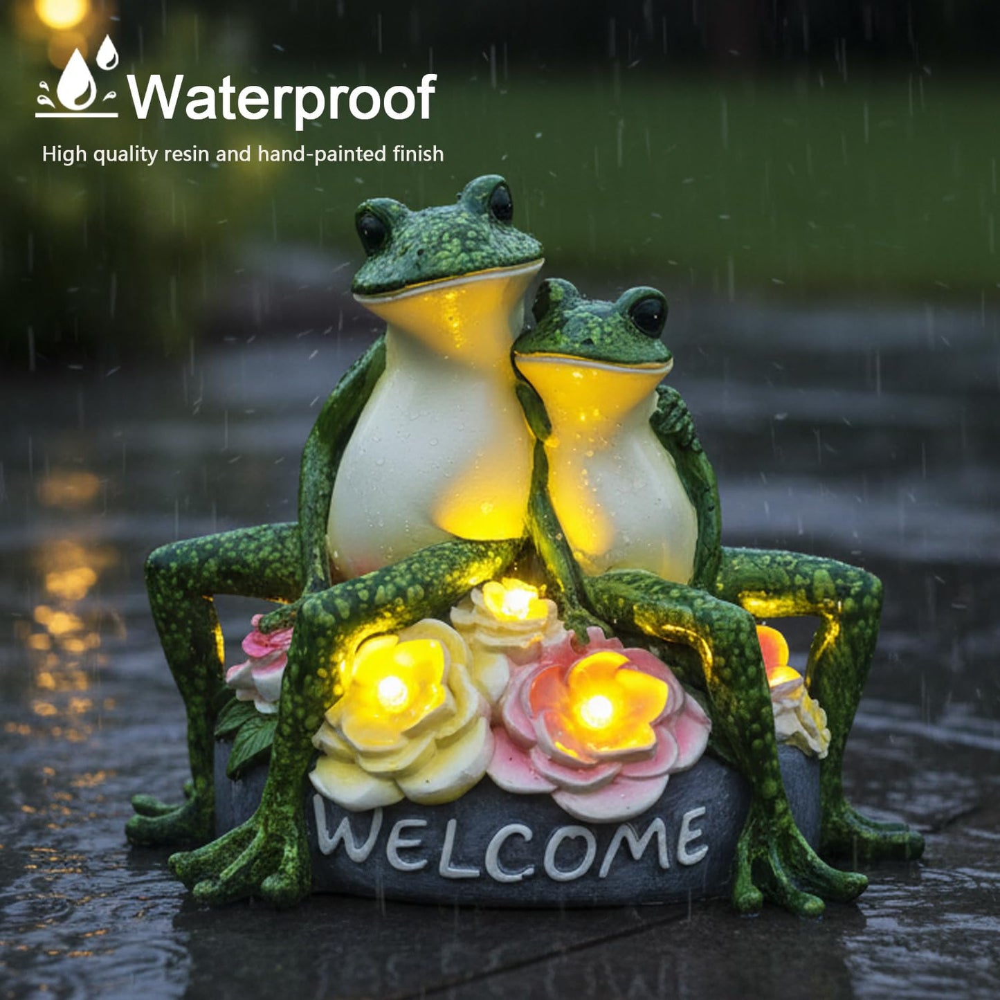 Solar Frog Garden Statues Outdoor Decor - 5.5" Resin Frog Figurine with Welcome Sign, Waterproof Yard Art Ornament for Patio Lawn Porch, Unique Housewarming Birthday Gifts for Women Mom Grandma