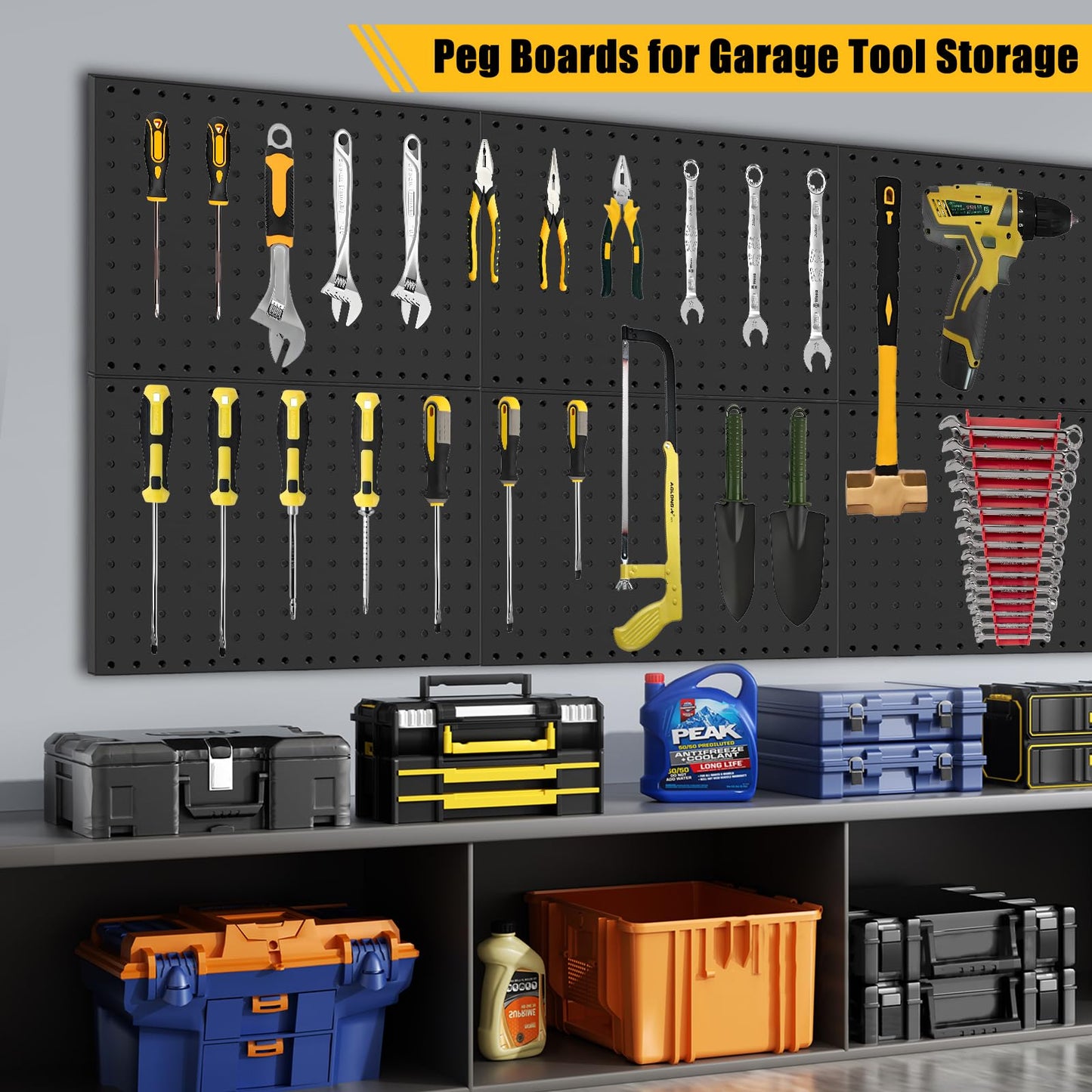 PBHEPJ 10 Pcs Metal Pegboard Panels, Heavy Duty Peg Boards for Garage and Garden Tool Storage, Includes Drywall Anchors and Screws Kits, Black (10 pcs 16in x 12in)